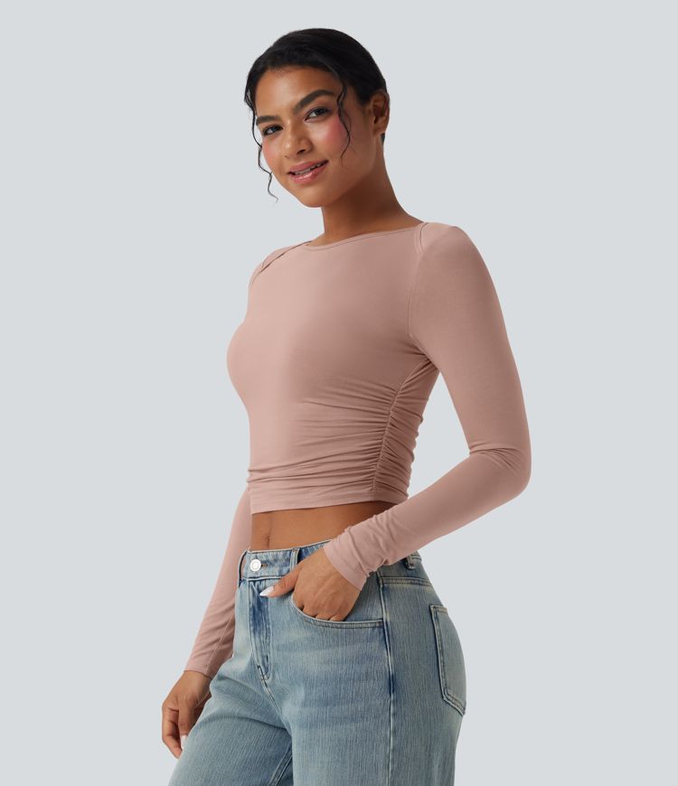 Boat Neck Long Sleeve Ruched Cropped Casual Top