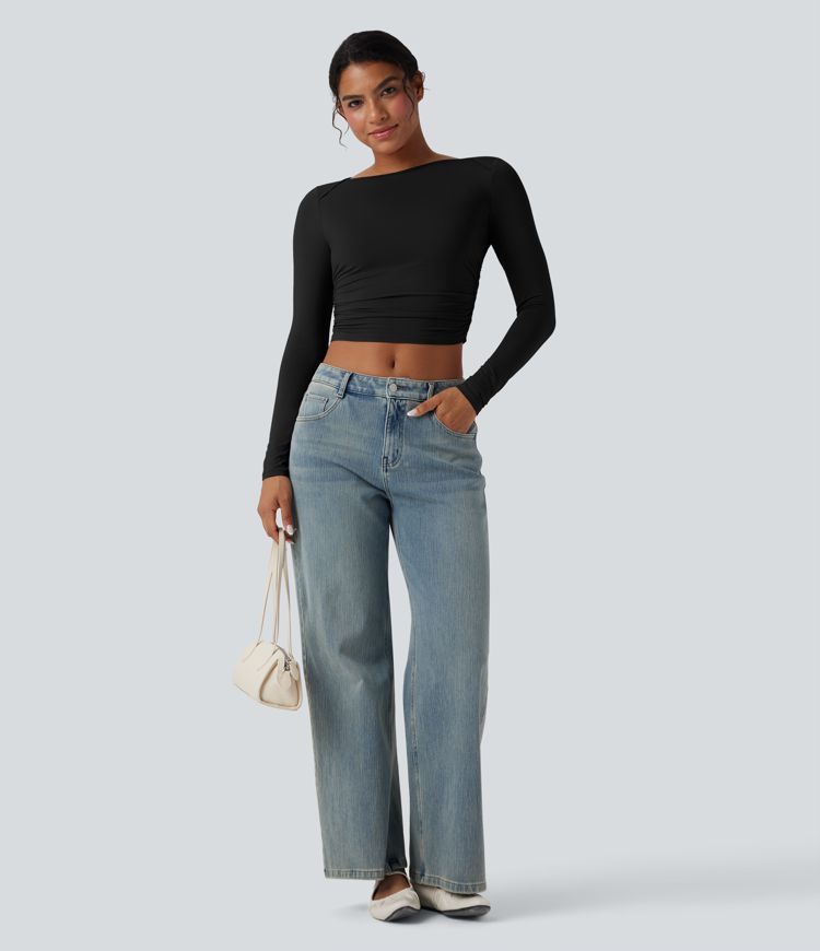 Top casual corto fruncido de manga larga con cuello barco