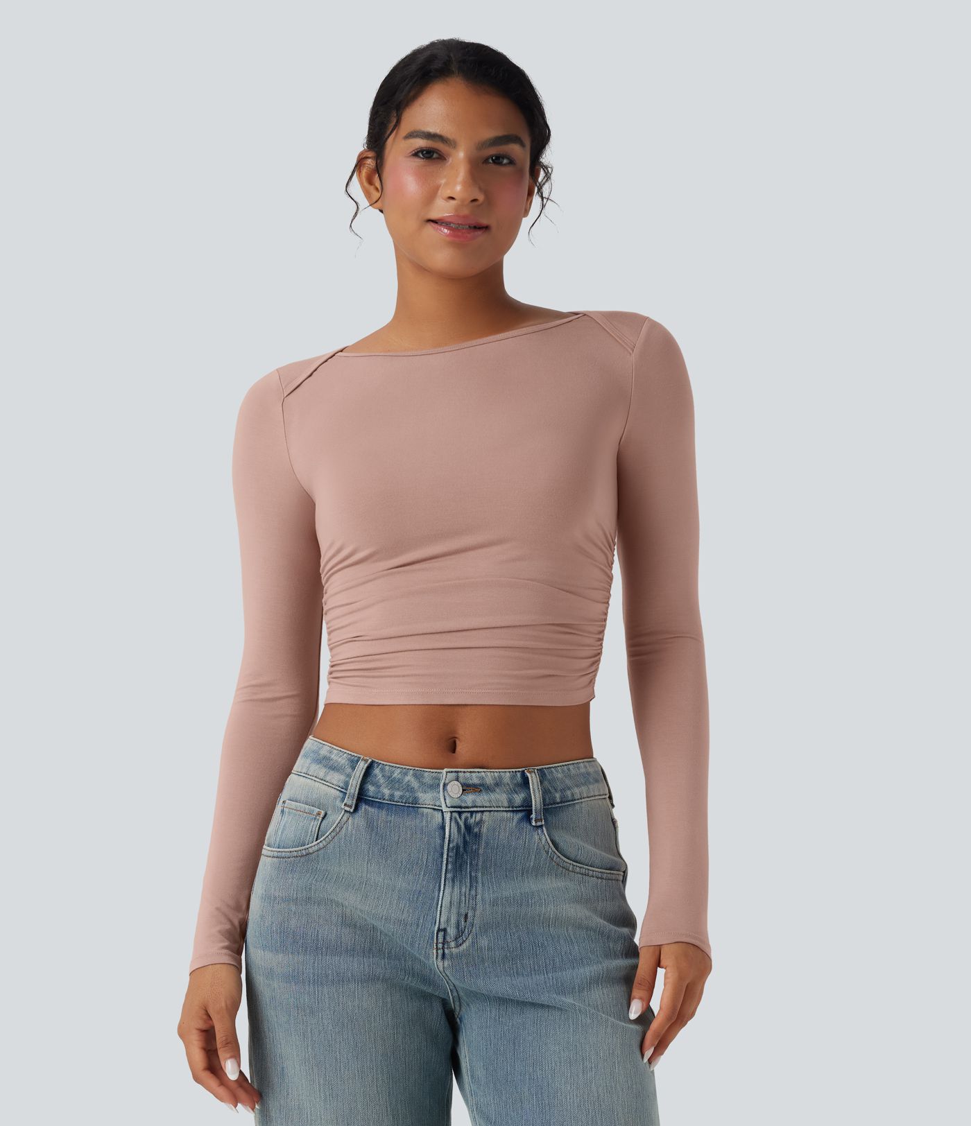 Boat Neck Long Sleeve Ruched Cropped Capri Casual Top