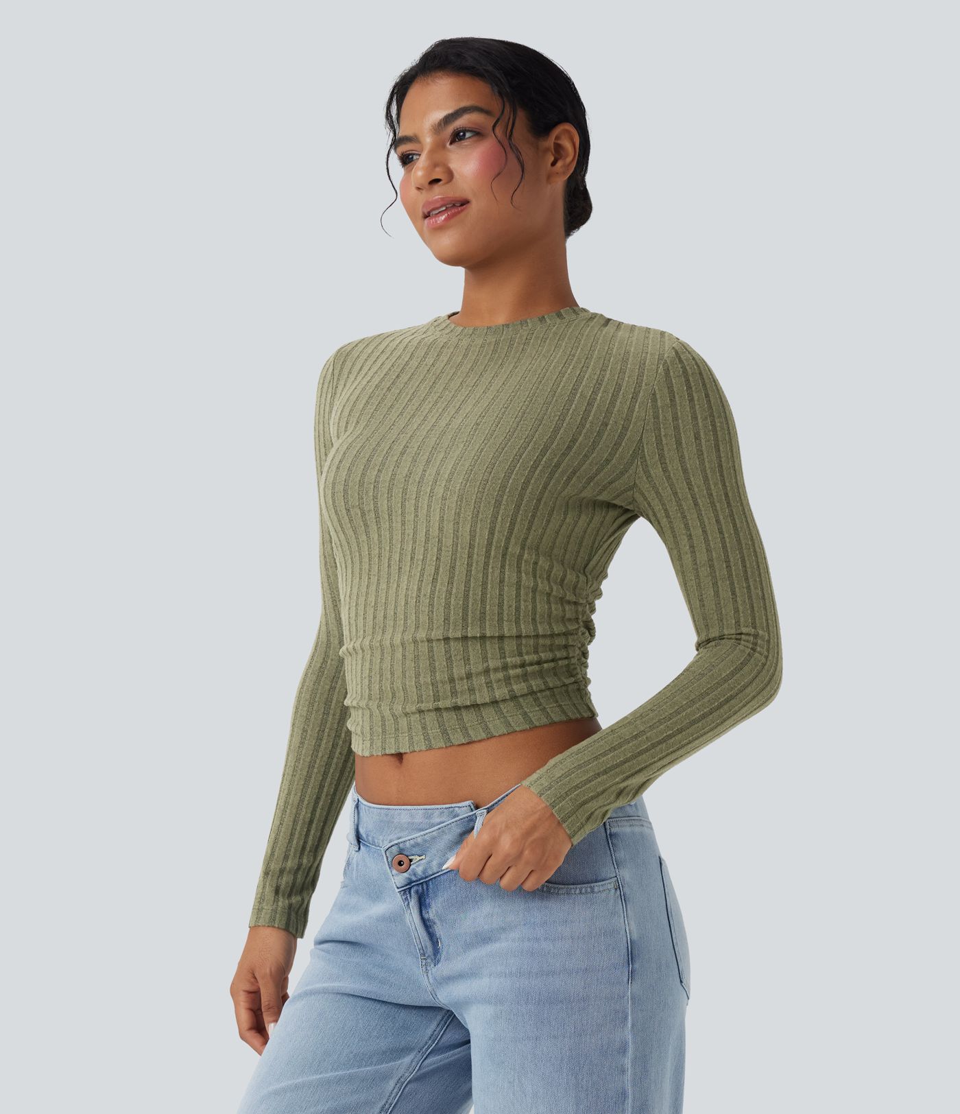 Ribbed Knit Long Sleeve Cropped Capri Fleece Casual Top