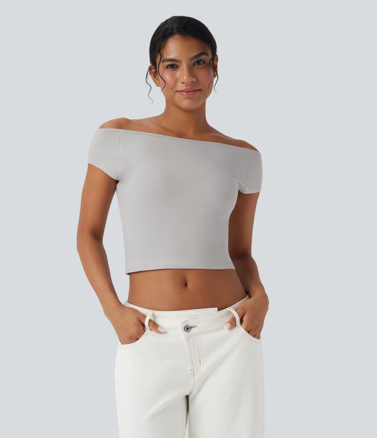 Ribbed Knit Boat Neck Short Sleeve Cropped Casual Top