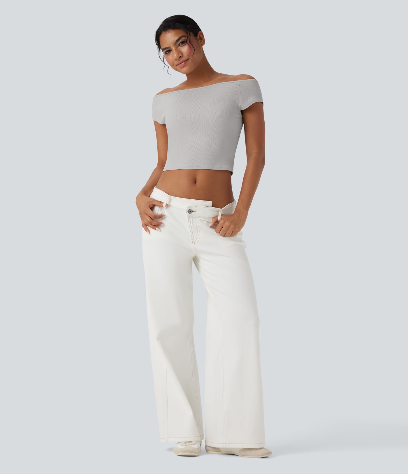 Ribbed Knit Boat Neck Short Sleeve Cropped Capri Casual Top
