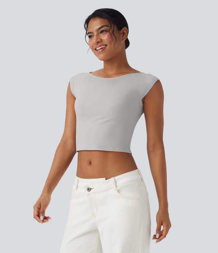 Ribbed Knit Boat Neck Short Sleeve Cropped Capri Casual Top