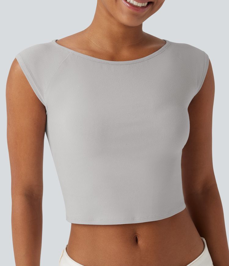 Ribbed Knit Boat Neck Short Sleeve Cropped Capri Casual Top