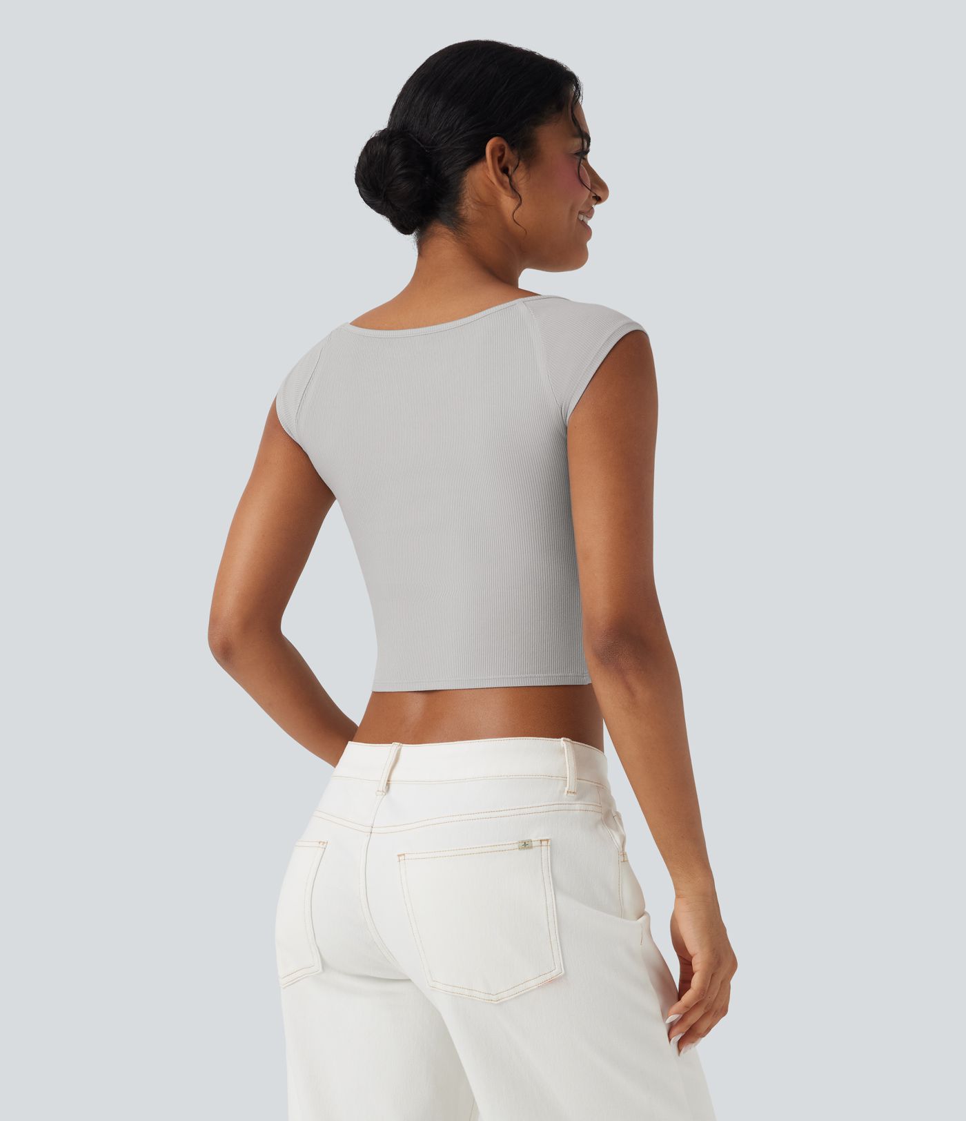 Ribbed Knit Boat Neck Short Sleeve Cropped Capri Casual Top