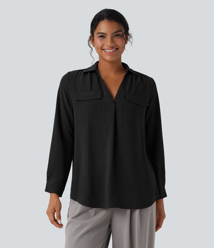 Arbeitshemd mit V-Ausschnitt, Brusttaschen und langen Ärmeln