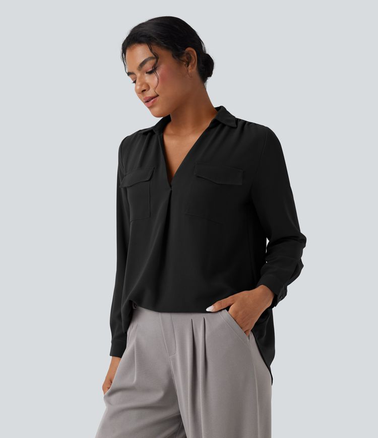 Arbeitshemd mit V-Ausschnitt, Brusttaschen und langen Ärmeln