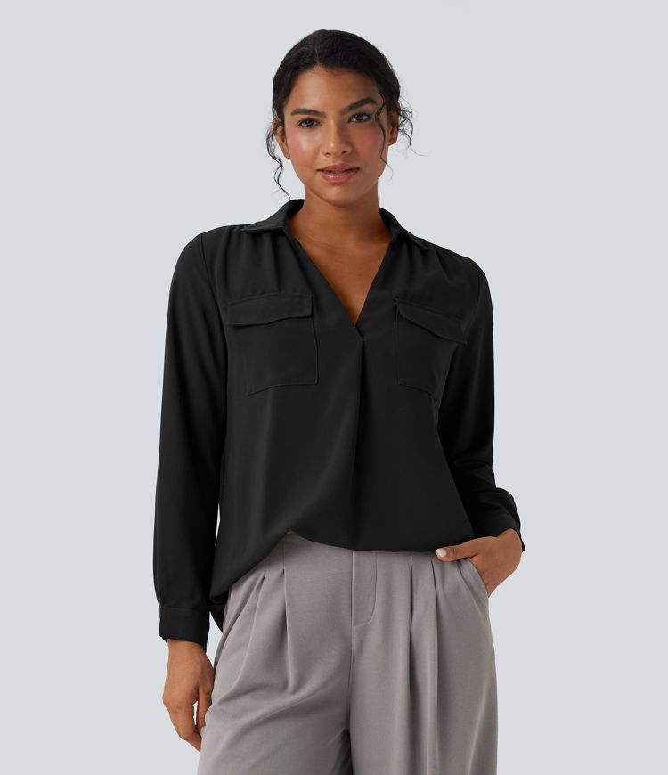 V Neck Long Sleeve Work Shirt with Pockets