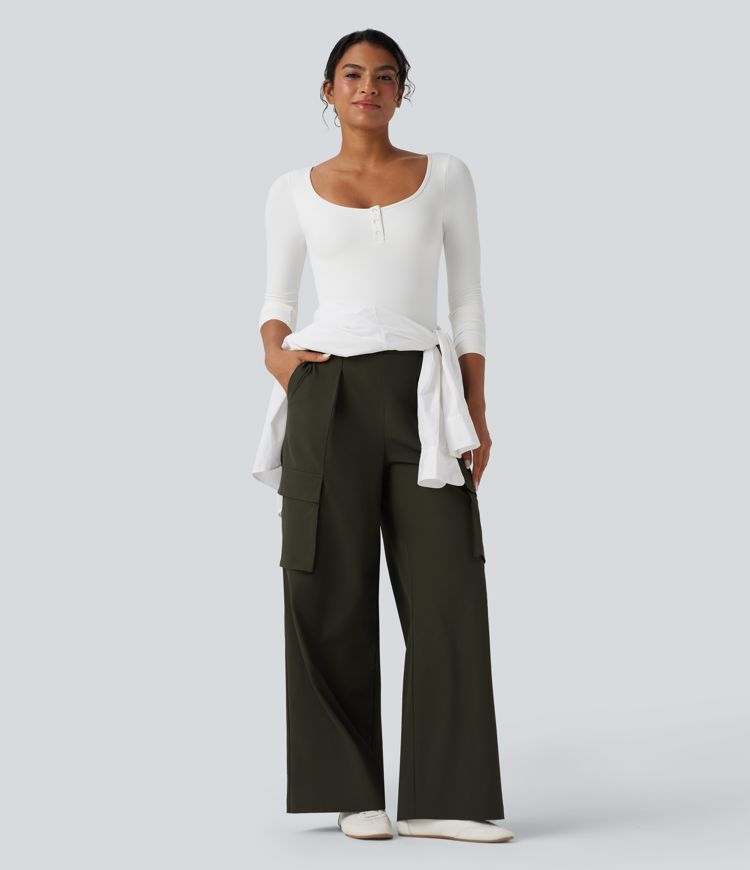 Pantalones de viaje de pierna ancha de cintura alta con bolsillos