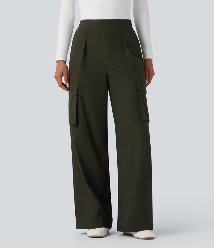 High Waisted Wide Leg Travel Trousers with Pockets
