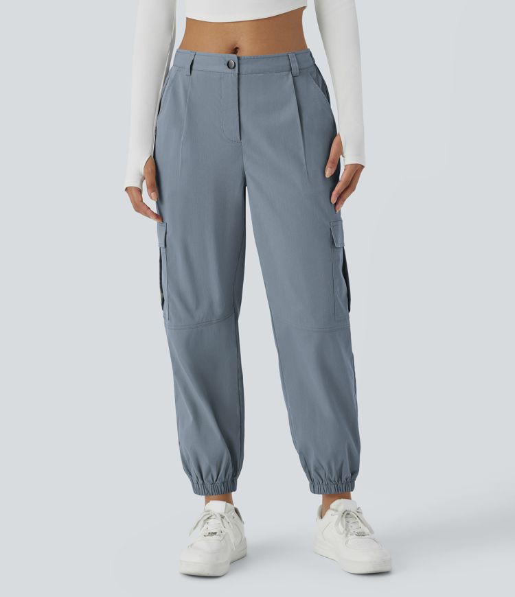Jogging cargo décontracté taille moyenne à bouton, fermeture éclair, plis et poches multiples