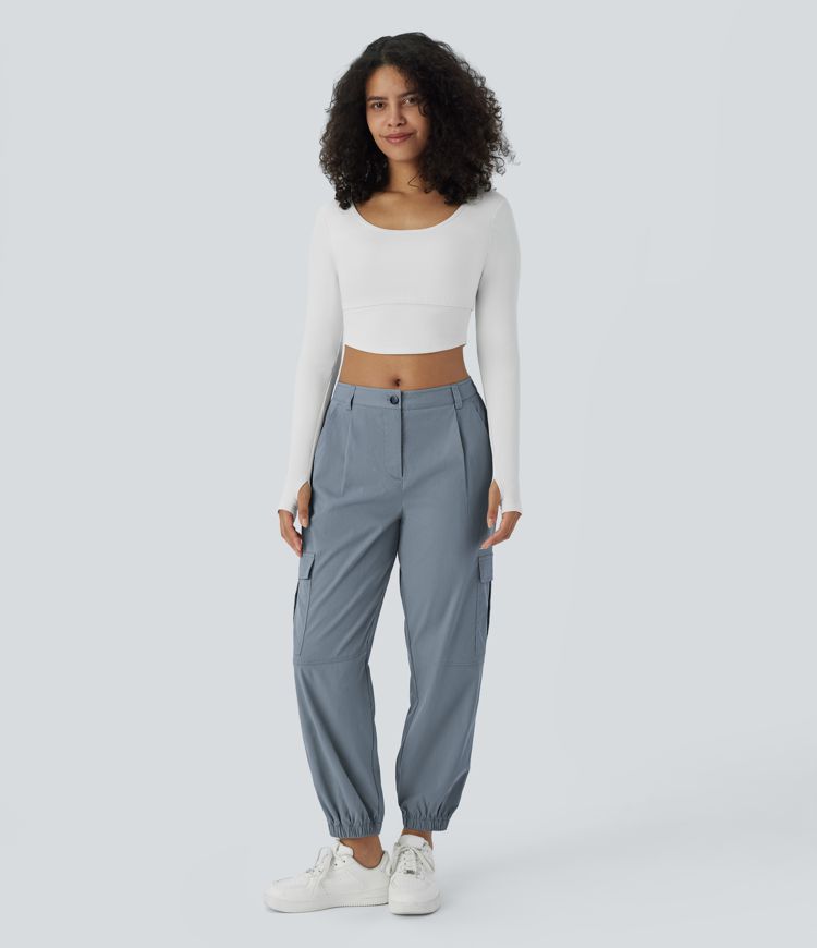 Mid Rise Button Zipper Multiple Pockets Casual Cargo Joggers