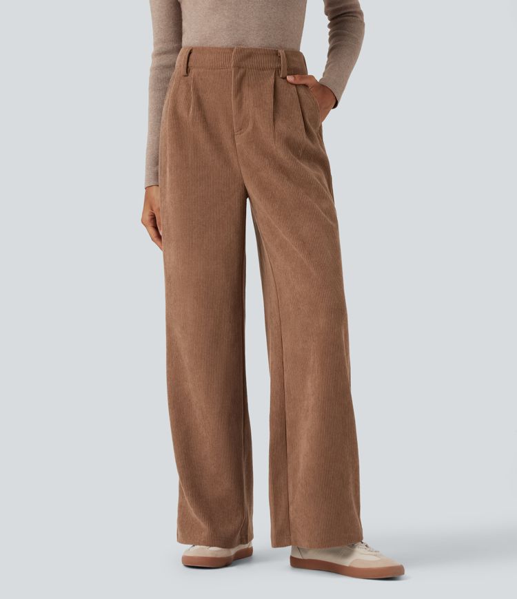 High Waisted Corduroy Casual Baggy Trousers with Pockets