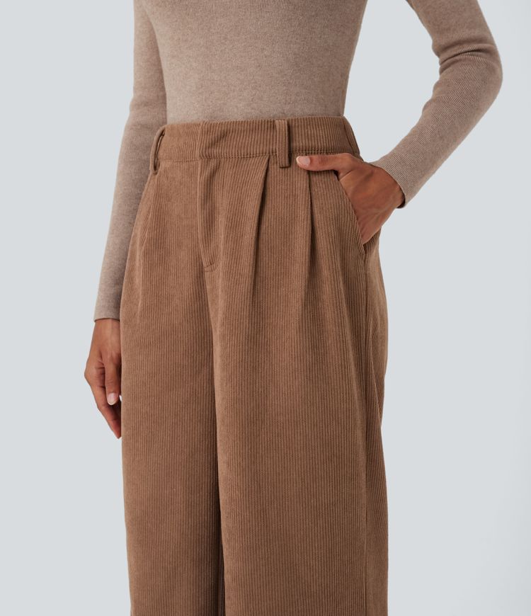 High Waisted Corduroy Casual Baggy Trousers with Pockets