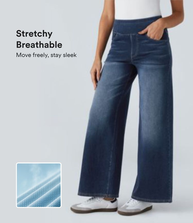 Halara Flex™ High Waisted Multiple Pockets Baggy Wide Leg Washed Stretchy Knit Casual Jeans