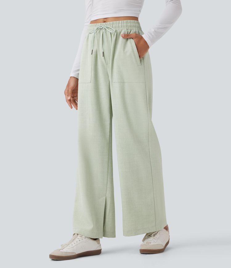 Mid Rise Drawstring Wide Leg Casual Pants with Pockets