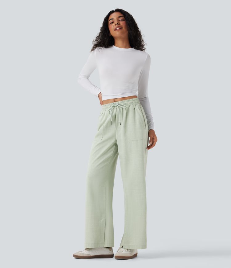 Mid Rise Drawstring Wide Leg Casual Pants with Pockets