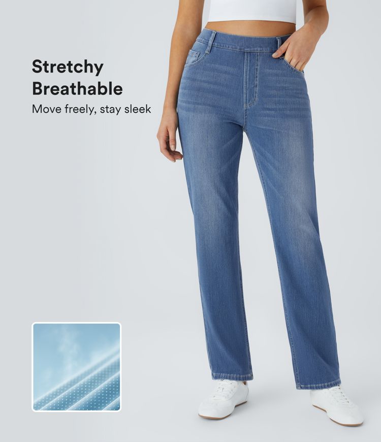 Halara Flex™ High Waisted Multiple Pockets Straight Leg Washed Stretchy Knit Casual Jeans