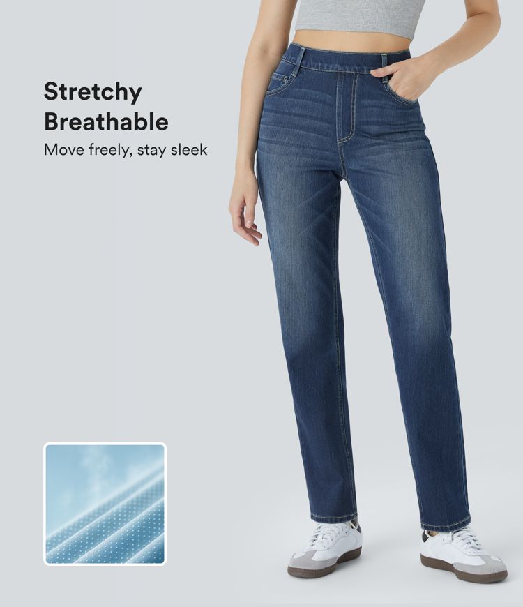 Halara Flex™ High Waisted Multiple Pockets Straight Leg Washed Stretchy Knit Casual Jeans