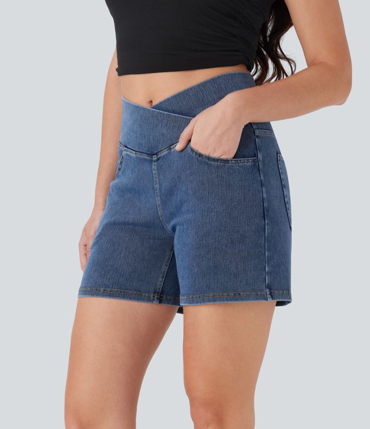Halara Flex™ Short décontracté évasé à jambe large en denim extensible délavé taille haute croisée avec poches multiples