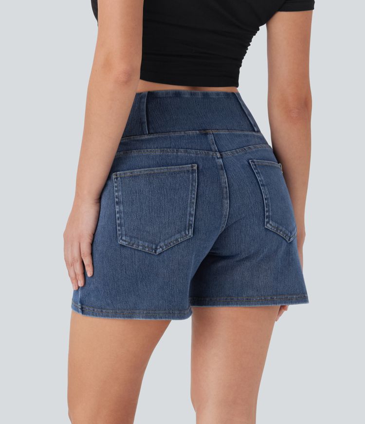 Halara Flex™ Short décontracté évasé à jambe large en denim extensible délavé taille haute croisée avec poches multiples