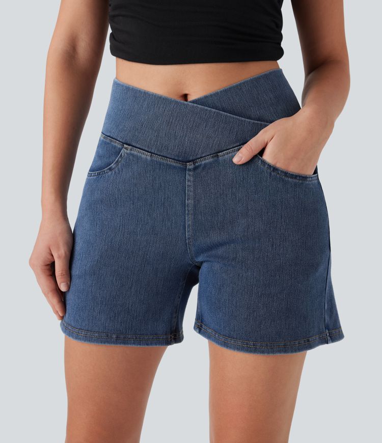 Halara Flex™ Short décontracté évasé à jambe large en denim extensible délavé taille haute croisée avec poches multiples