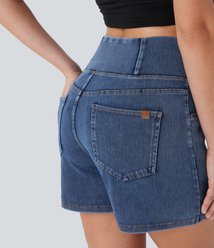 Halara Flex™ Short décontracté évasé à jambe large en denim extensible délavé taille haute croisée avec poches multiples