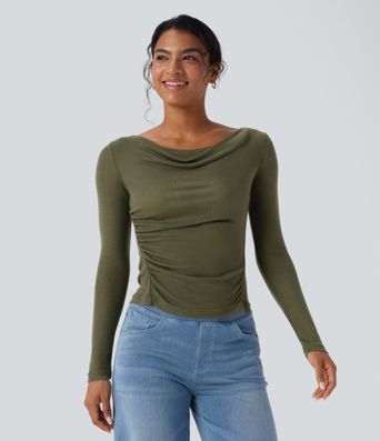 Cowl Neck Long Sleeve Ruched Casual Wool-Blend Top Cowl Neck Long Sleeve Ruched Casual Wool-Blend Top