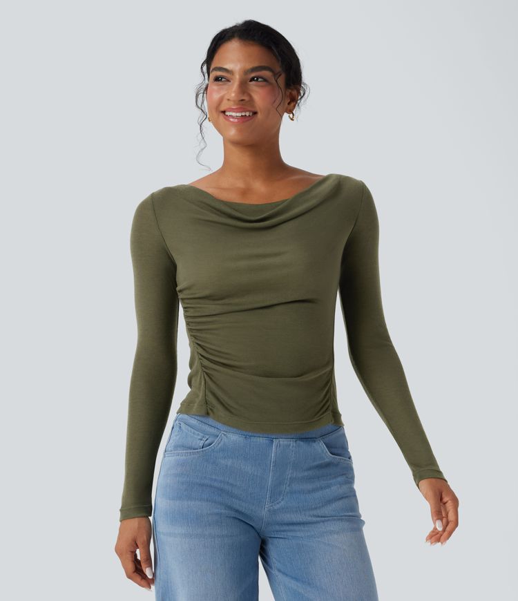 Cowl Neck Long Sleeve Ruched Casual Wool-Blend Top Cowl Neck Long Sleeve Ruched Casual Wool-Blend Top