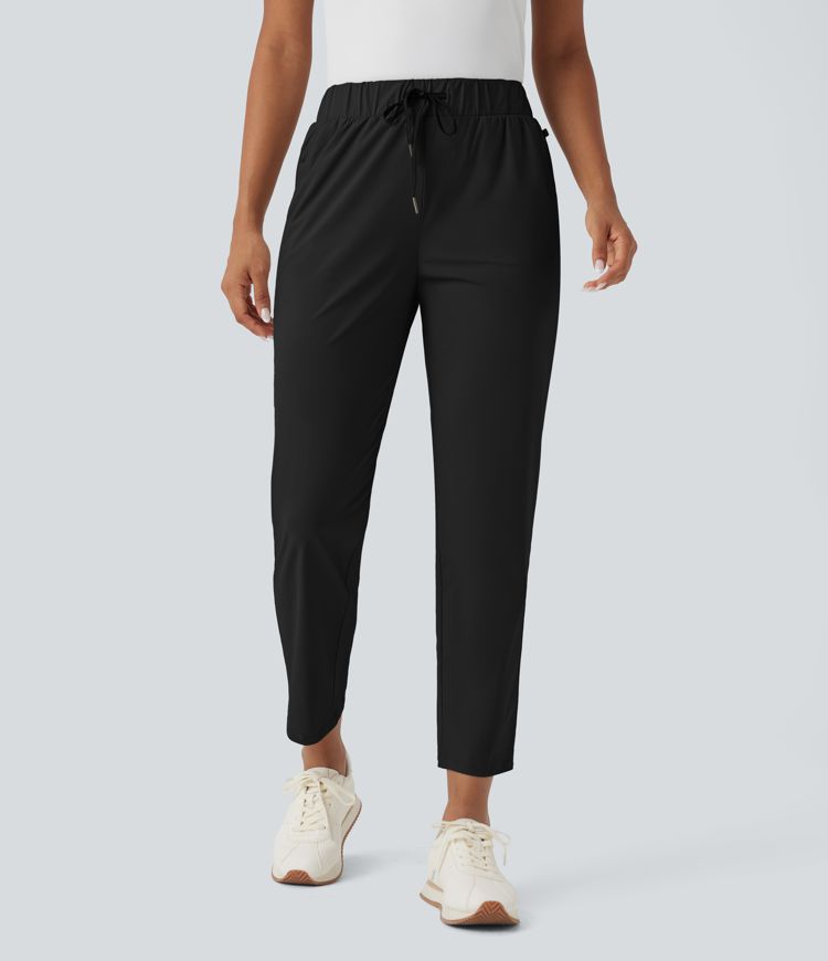 High Waisted Drawstring Pockets Quick Dry Golf Tapered Pants-Golf Tee Pocket