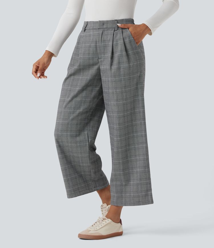 Mid Rise Straight Leg Houndstooth Work 7/8 Pants with Pockets