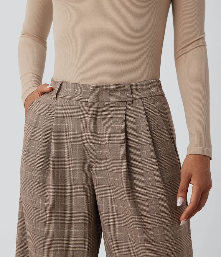 Halara Flex™ - 7/8-Arbeitshose mit mittelhohem Bund, Seitentaschen und Karomuster