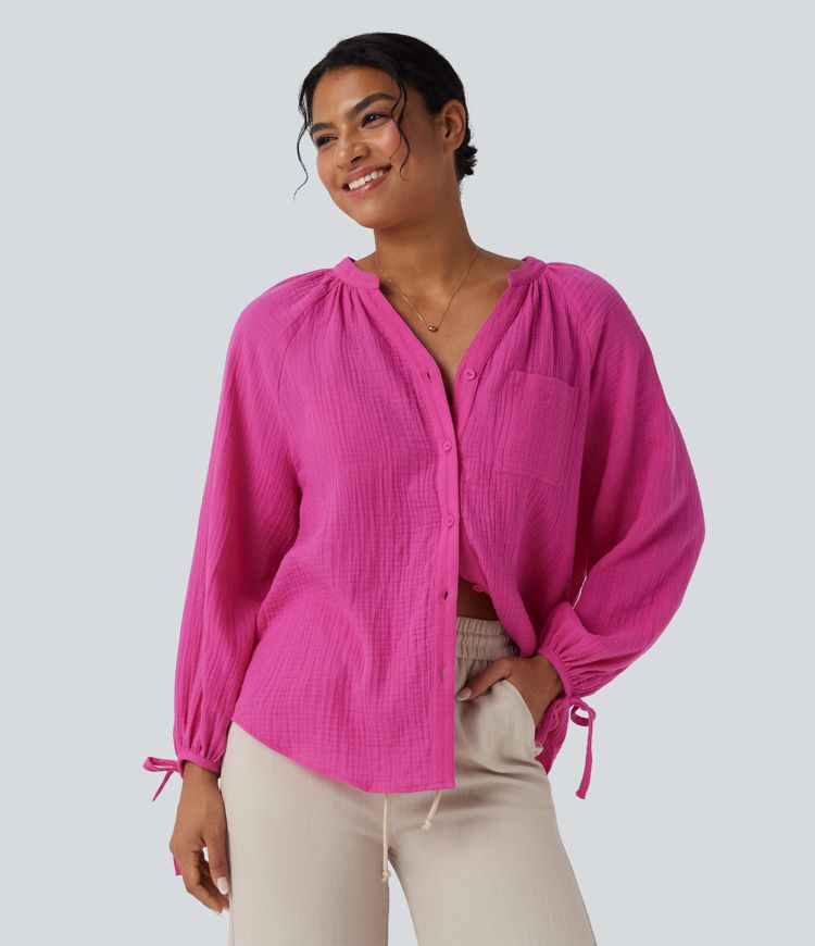 V Neck Long Sleeve Lace Up Casual Cotton Shirt with Pocket
