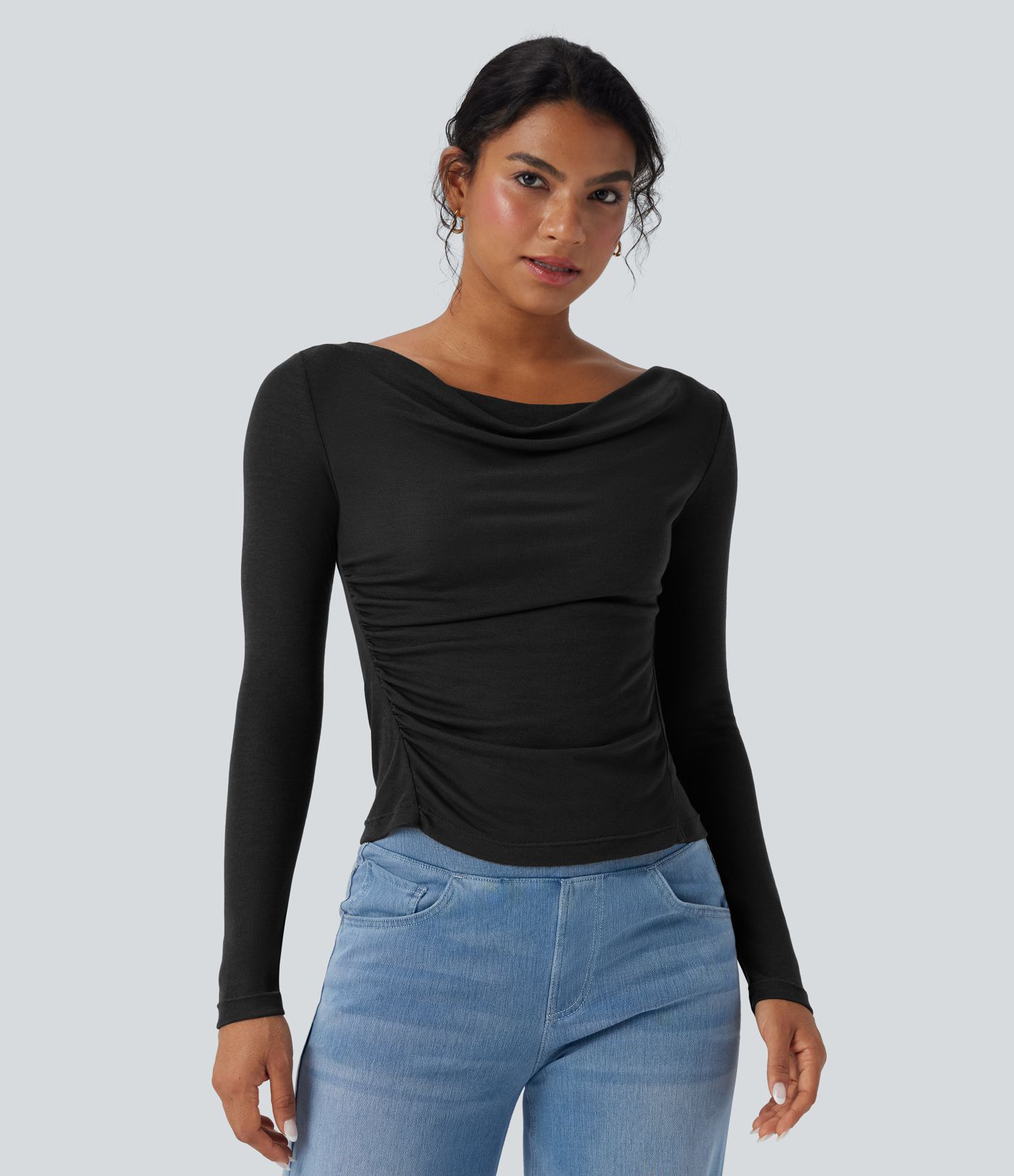 Haut décontracté laine col bénitier manches longues froncé