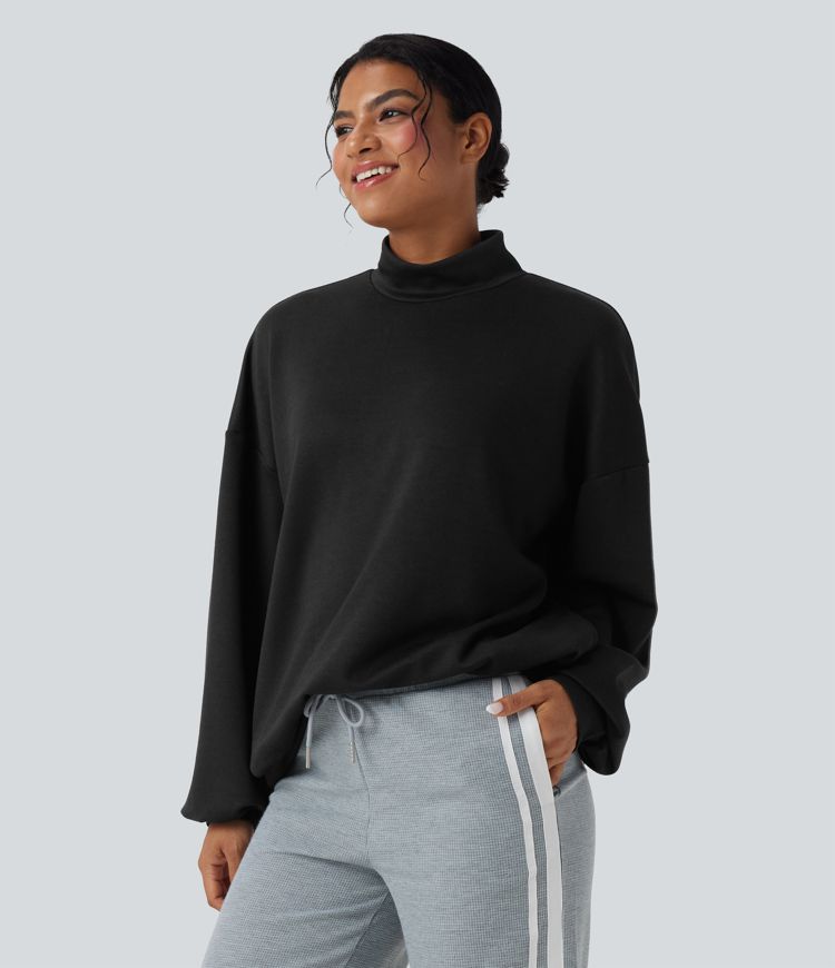 Mock-neck Relaxed Casual Sweatshirt with Pockets