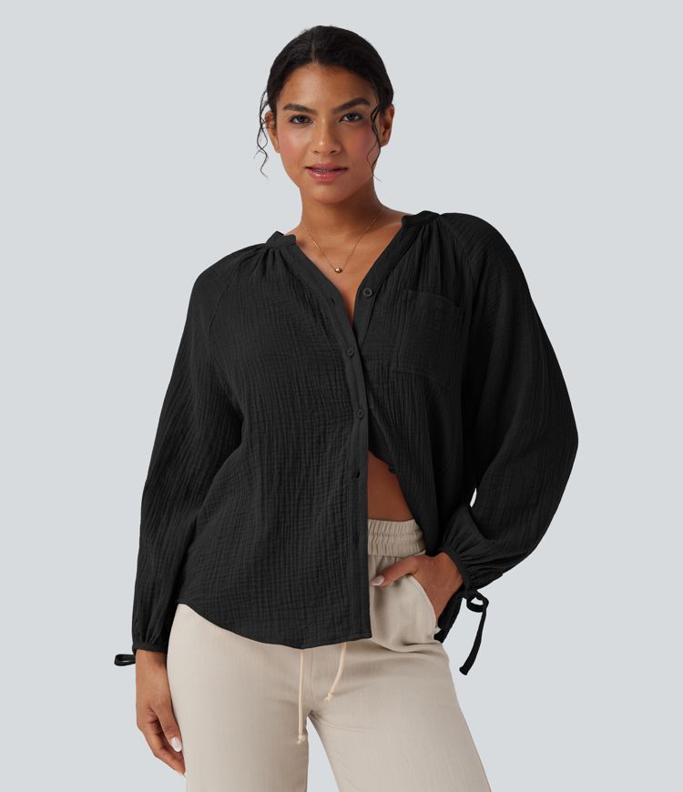 V Neck Long Sleeve Lace Up Casual Cotton Shirt with Pocket