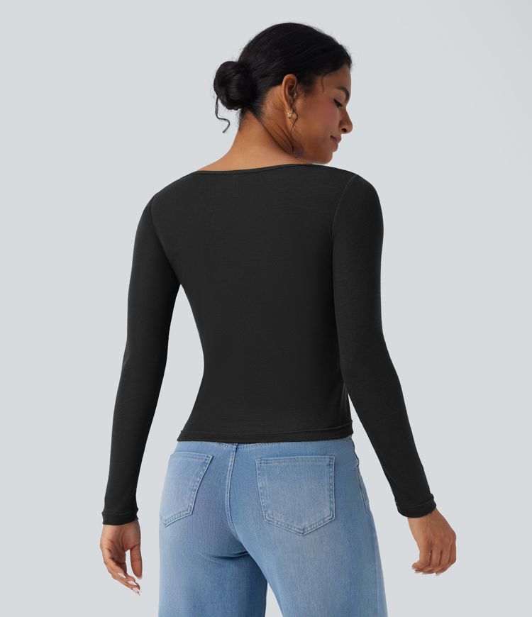 Haut décontracté laine col bénitier manches longues froncé