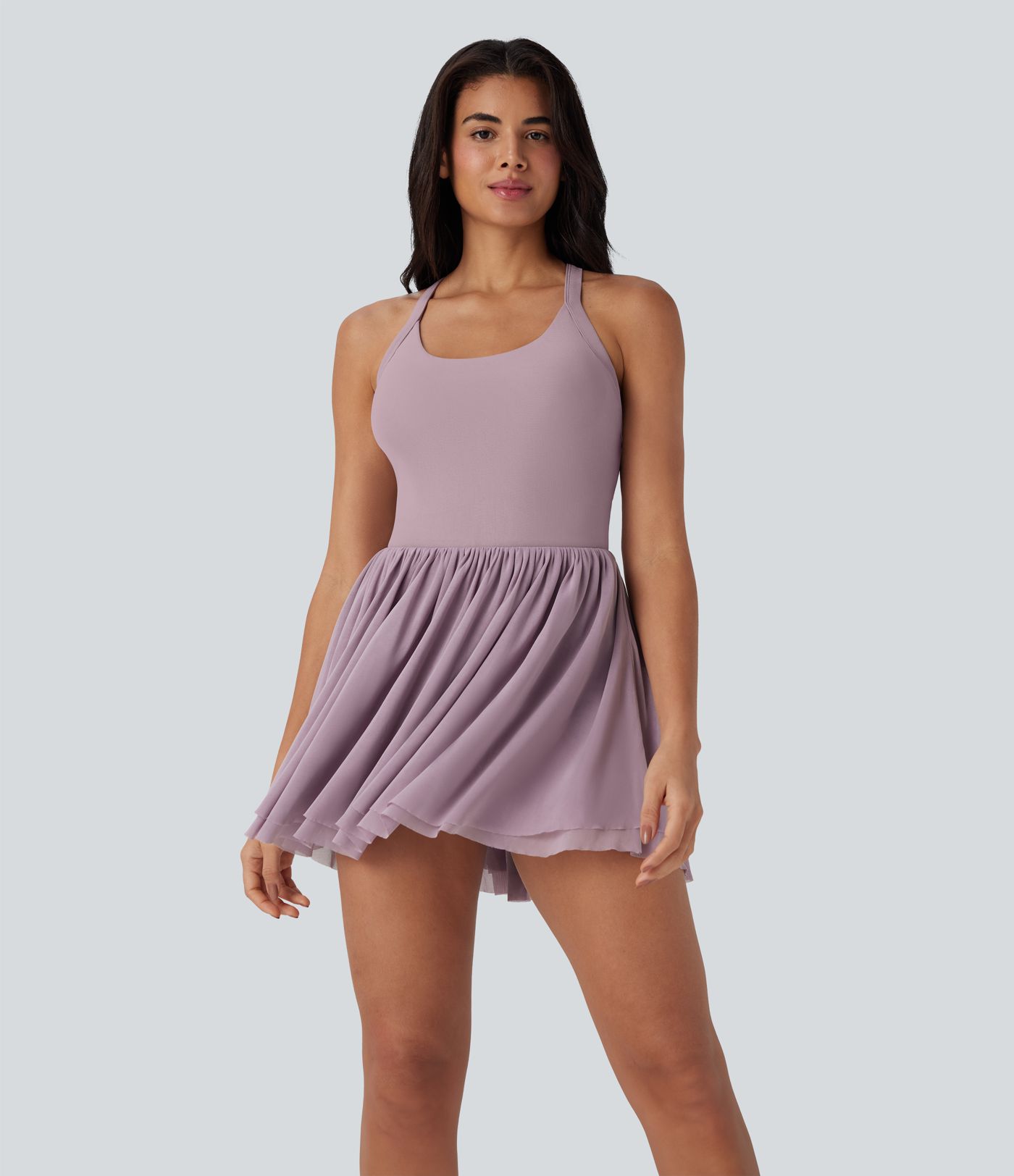 Rückenfreies 2-in-1 Mini-Tanz-Aktivkleid aus gedrehtem Netzstoff mit Seitentasche