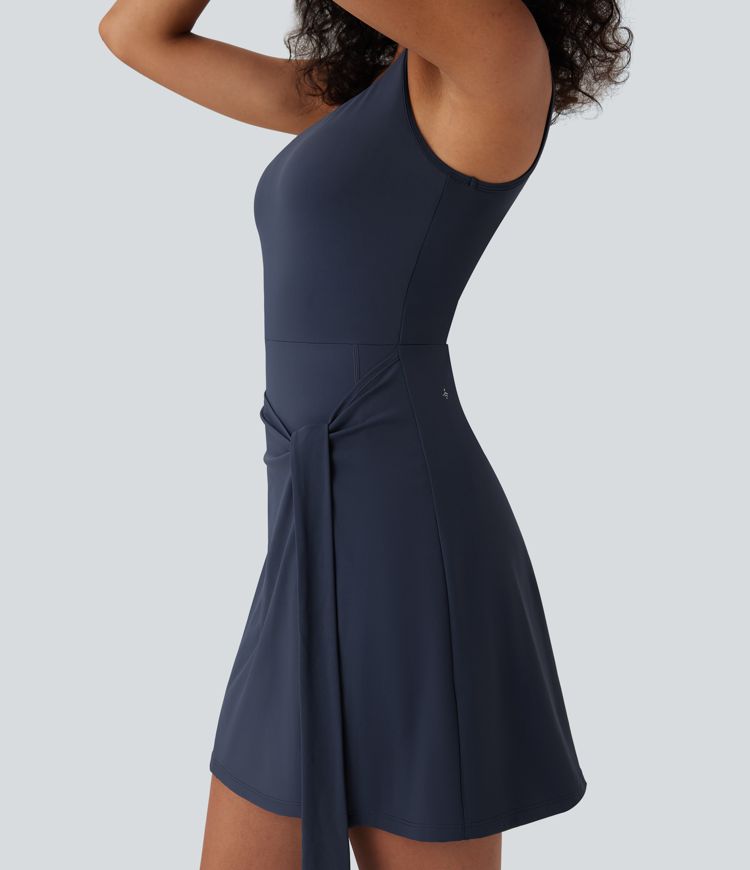 SoftlyZero™ Airy Sleeveless Tie Front 2-in-1 Cool Touch Mini Workout Dress with Pockets