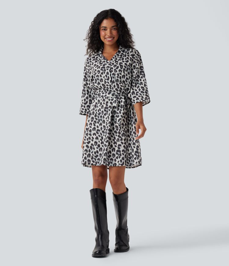 Roll Up Sleeve Belted Leopard Print Casual Shirt Dress with Pockets