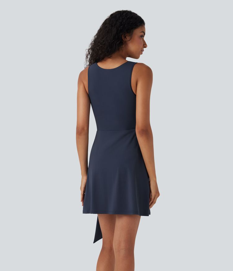 SoftlyZero™ Airy Sleeveless Tie Front 2-in-1 Cool Touch Mini Workout Dress with Pockets