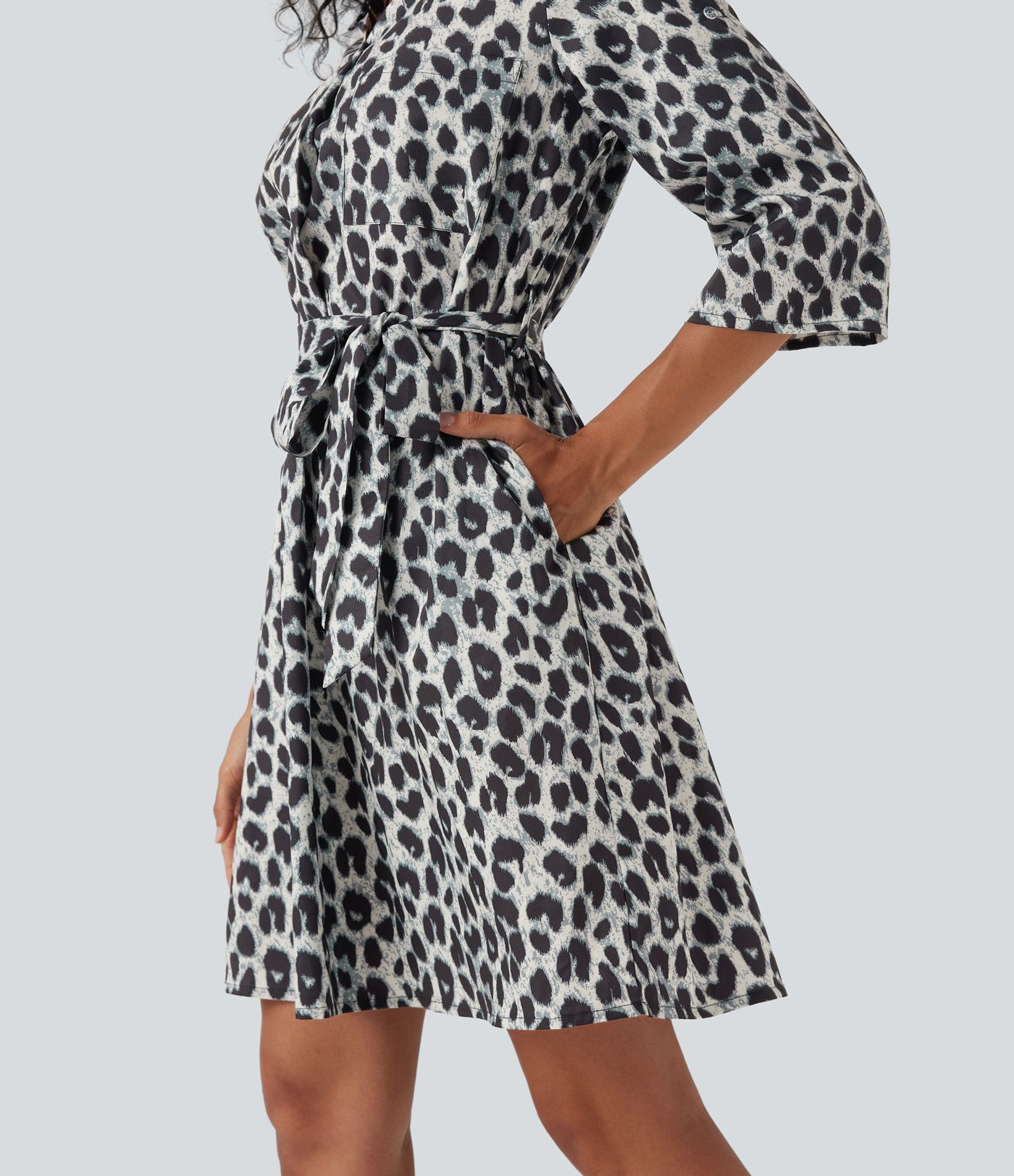 Roll Up Sleeve Belted Leopard Print Casual Shirt Dress with Pockets