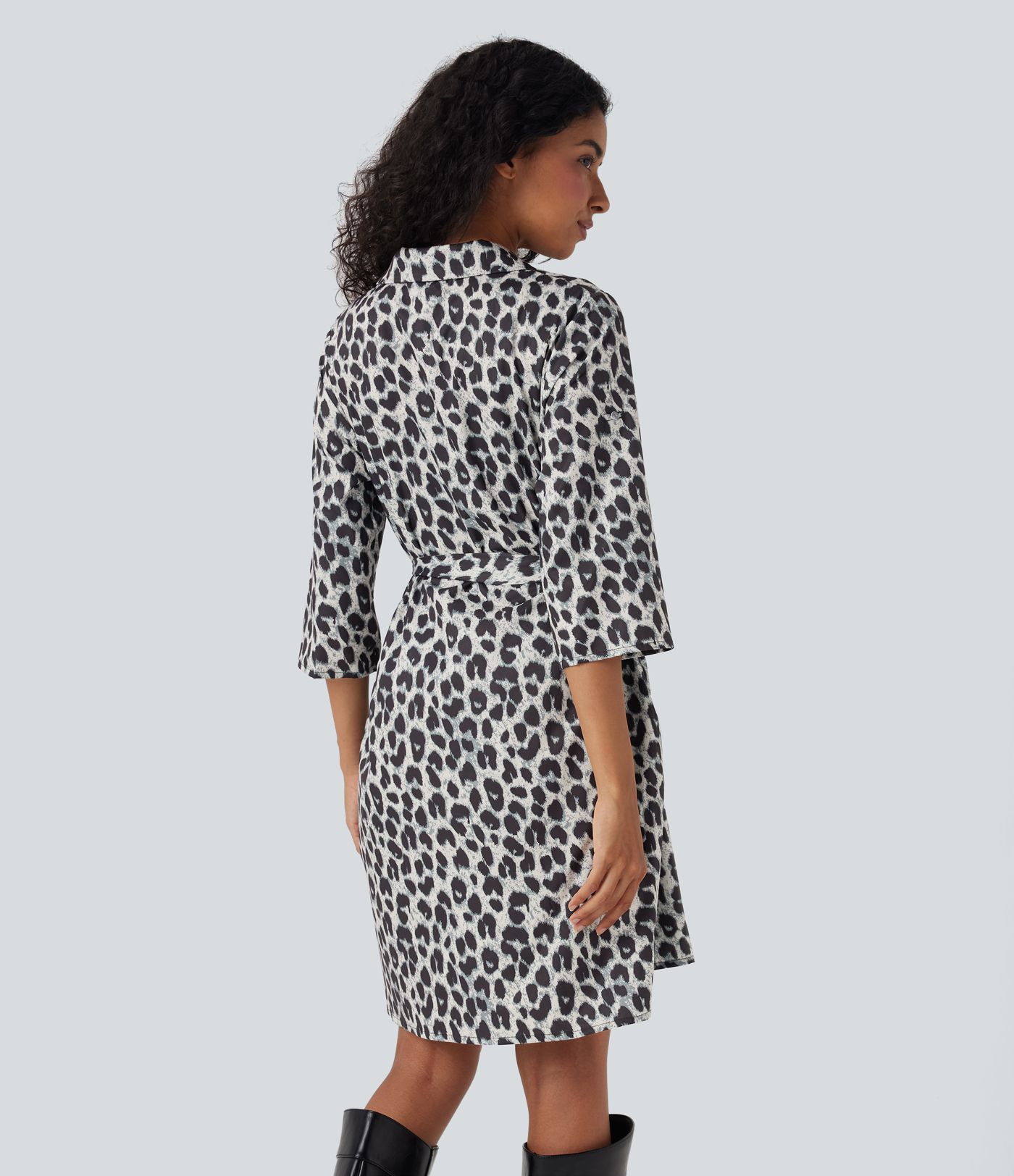 Roll Up Sleeve Belted Leopard Print Casual Shirt Dress with Pockets