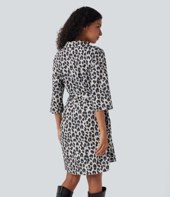 Roll Up Sleeve Belted Leopard Print Casual Shirt Dress with Pockets