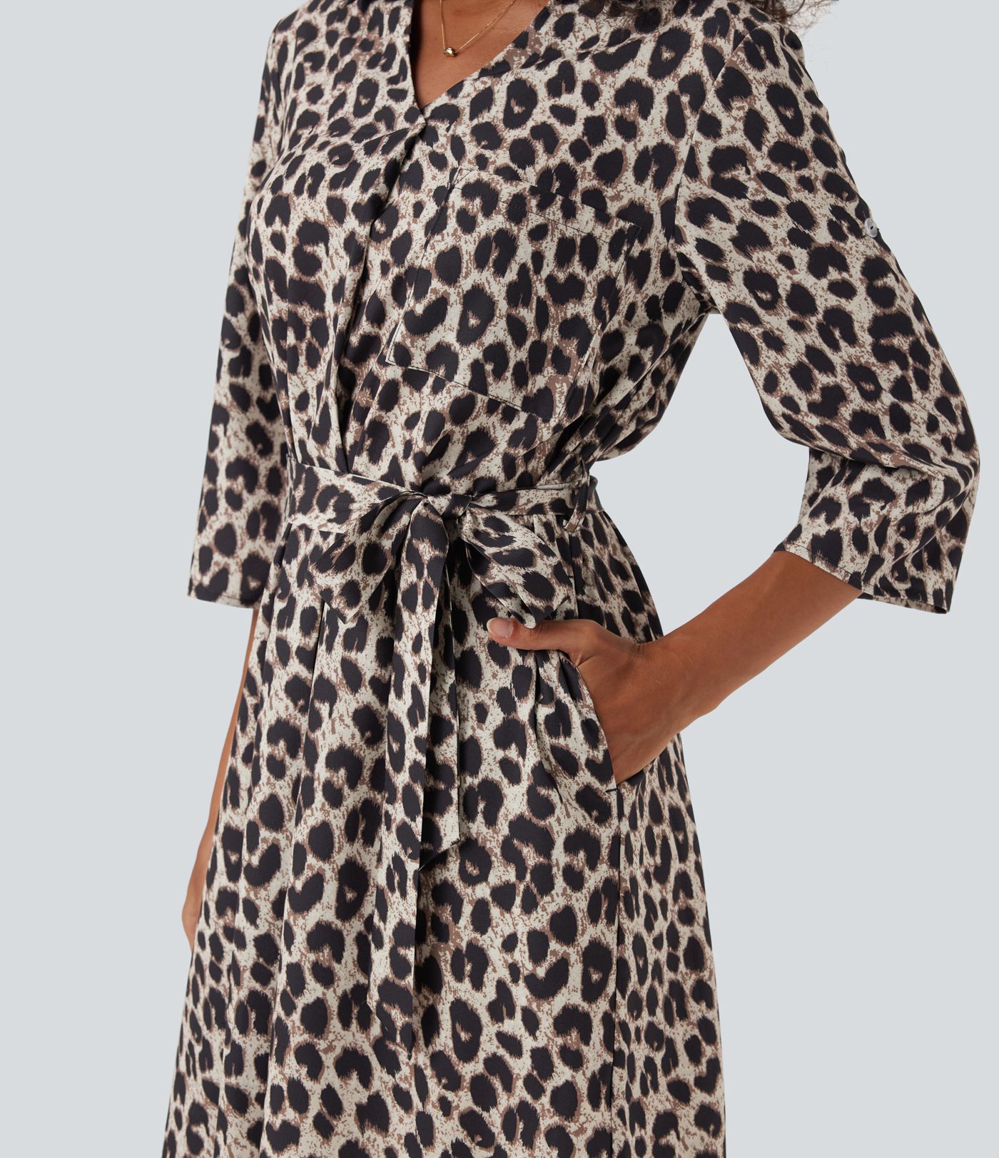 Roll Up Sleeve Belted Leopard Print Casual Shirt Dress with Pockets