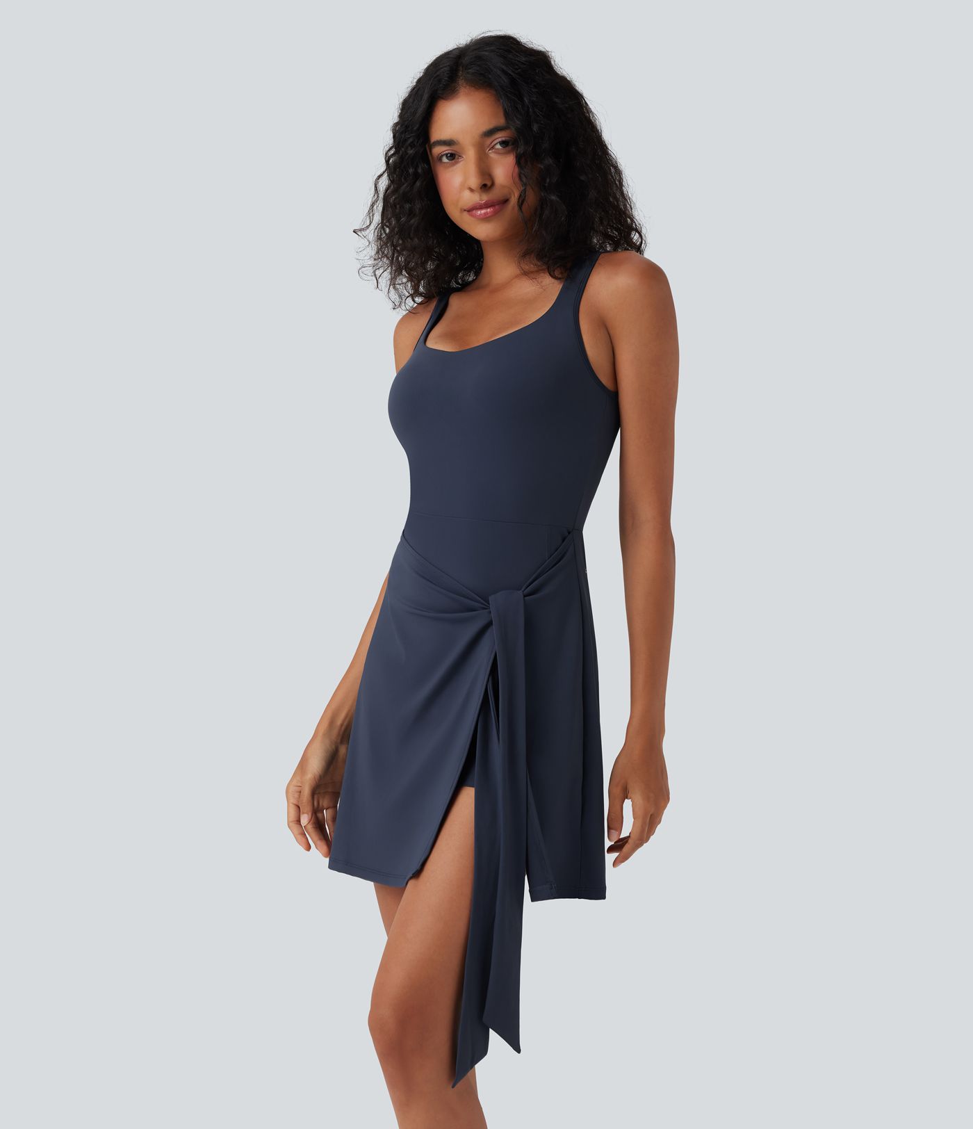 SoftlyZero™ Airy Sleeveless Tie Front 2-in-1 Cool Touch Mini Workout Dress with Pockets