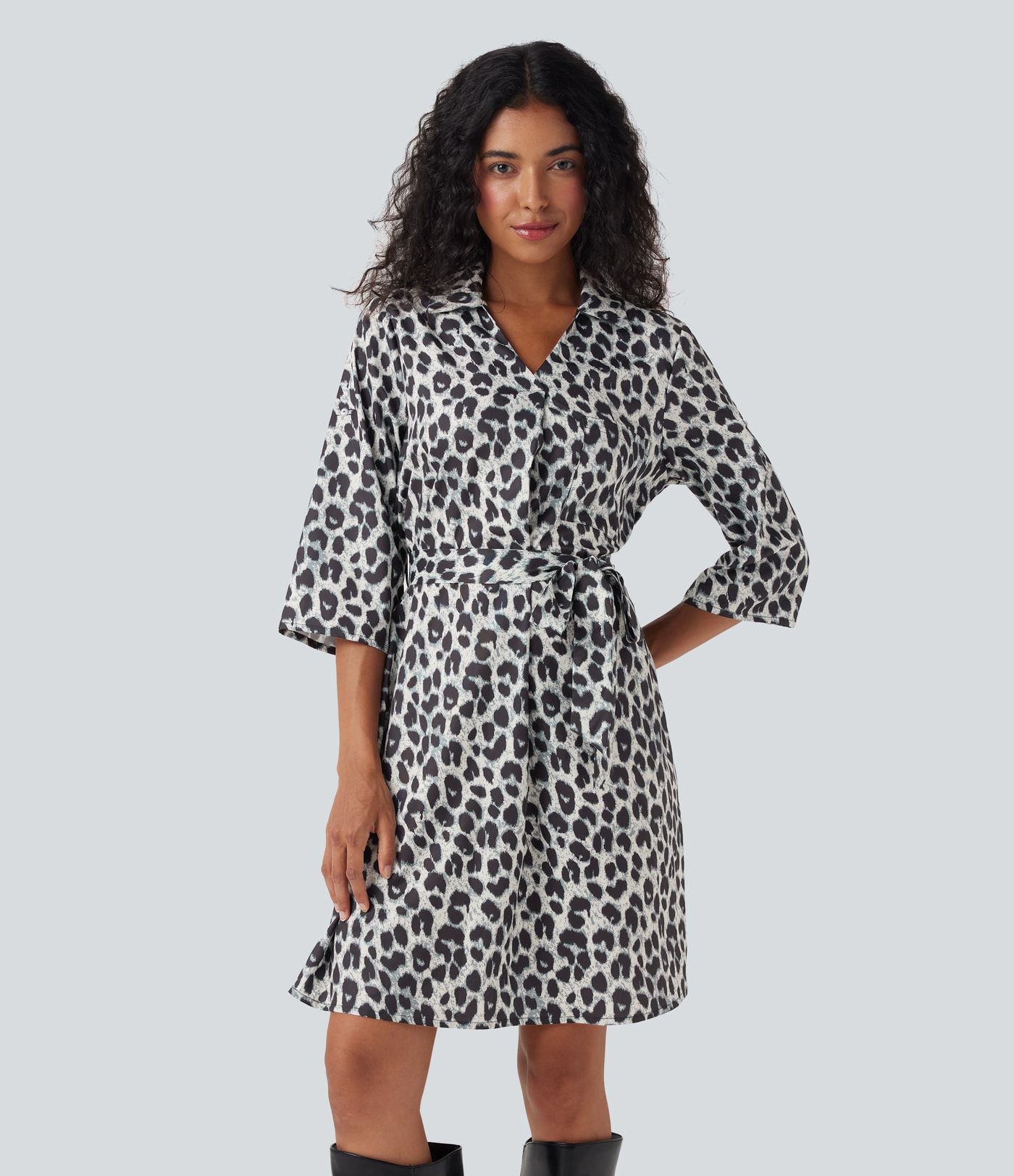 Roll Up Sleeve Belted Leopard Print Casual Shirt Dress with Pockets