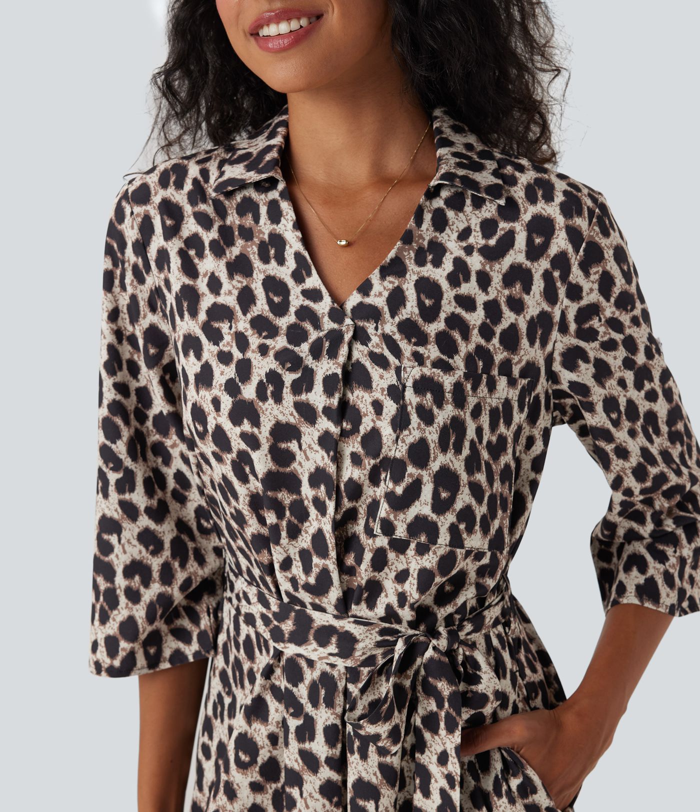 Roll Up Sleeve Belted Leopard Print Casual Shirt Dress with Pockets