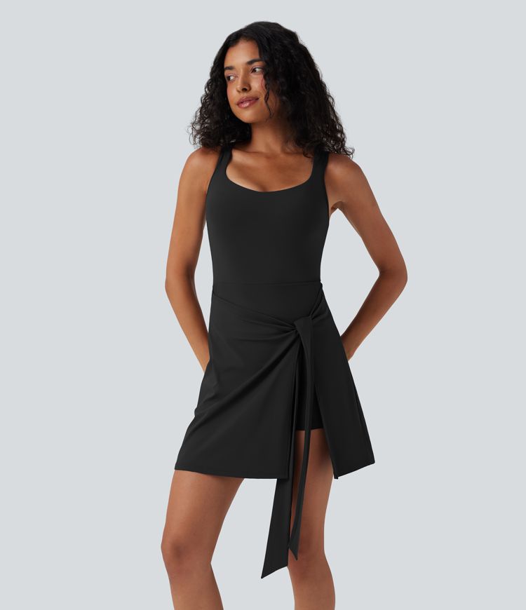 mini workout dress SoftlyZero™ Airy Sleeveless Tie Front 2-in-1 Cool Touch Mini Workout Dress  with Pockets