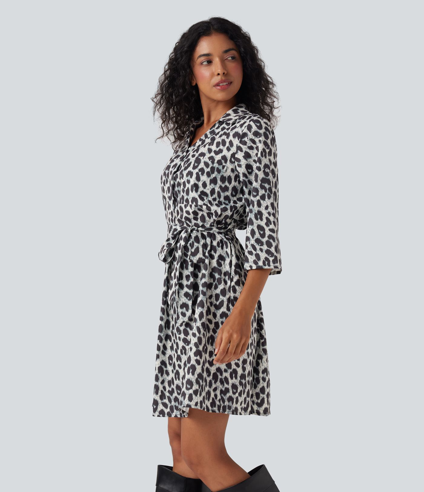 Roll Up Sleeve Belted Leopard Print Casual Shirt Dress with Pockets